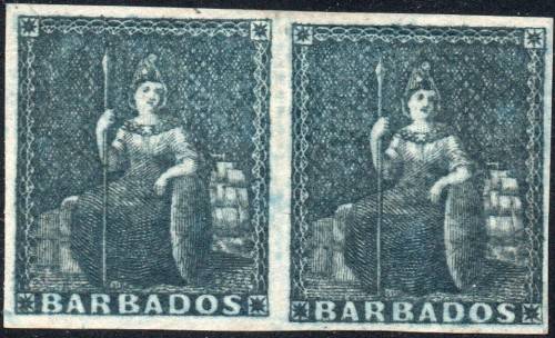 BARBADOS 1852-5 SG4(?) (1d) DEEP BLUE(?) IMPERF PAIR - MM