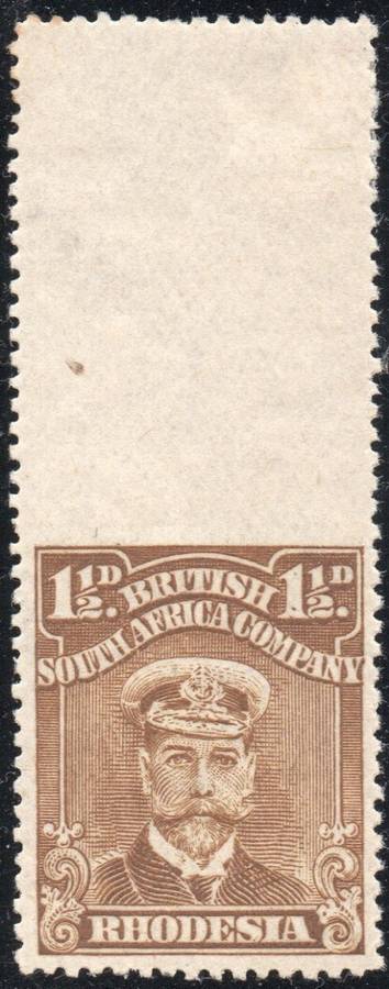B.S.A.C. / RHODESIA 1919 SACC206(var) 1½ BISTRE-BROWN P15 - IMPERF TOP MARGIN - SCARCE