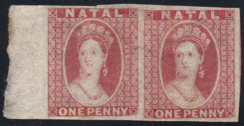 NATAL - 1862 - 1d ROSE-RED - MARGINAL IMPERF PLATE PROOF PAIR - RARE