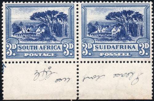 Union of SA : 1937 SACC46a(var) 3d BLUE - ``SHUTTERED WINDOW`` VARIETY`` MM