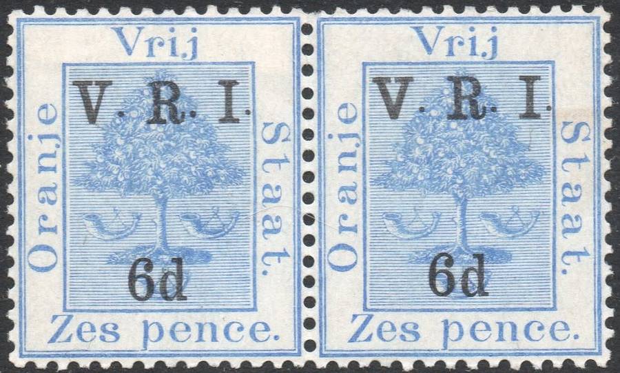 OFS 1900 SACC66/75 6d on 6d ULTRAMARINE PAIR (RH STAMP ``THICK V``) - CV R515