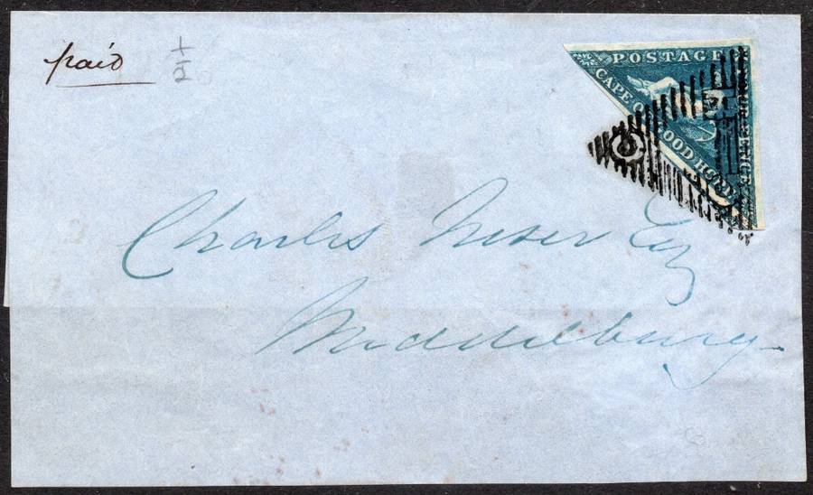 CAPE OF GOOD HOPE 1855 - COVER FRONT/PIECE WITH 4d DEEP BLUE(SACC4) - SEE BELOW