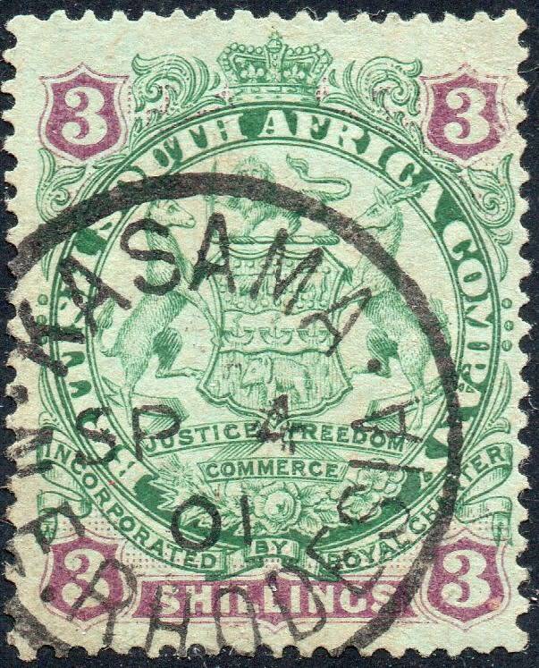 B.S.A.C/Rhodesia  : SG36 3/- Green & Mauve/Blue -  VFU CV £42(2017)