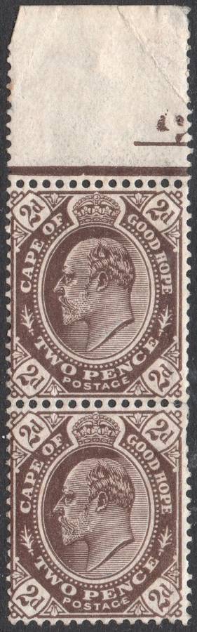 CAPE OF GOOD HOPE : 1902 SACC67 2d BROWN VERTICAL MARGINAL PAIR - UM -  CV R1600