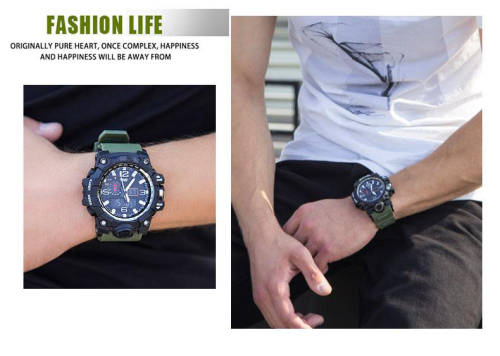 Multifunctional Digital Analog Shock Resistant Sports Watch Style- Black