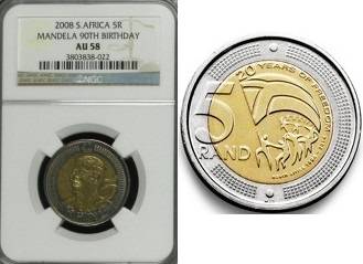 NEW ******* 2014 20 YEARS OF FREEDOM R5 & AU58 2008 MANDELA 90th BDAY NGC GRADED COIN