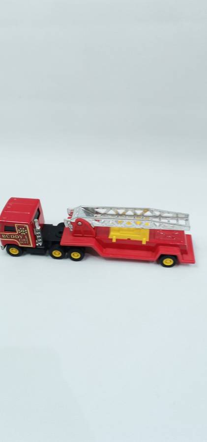 VINTAGE BUDDY L FIRE TRUCK AND TRAILER MADE IN JAPAN TIN PLATE AND PLASTIC