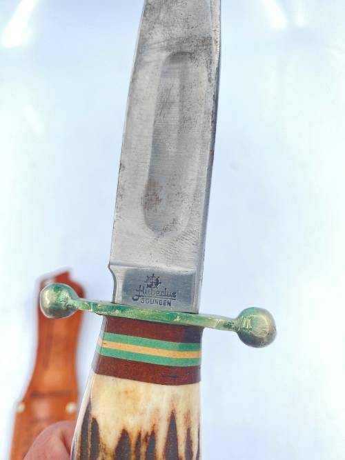 RARE VINTAGE GERMAN HUBERTUS ROSTFREI SOLINGEN FIXED BLADE STAG KNIFE WITH LEATHER SHEATH !!!!!