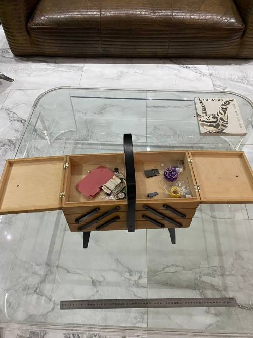 Vintage Sewing Box Wood 3 Tier Accordion w/ Legs Poland Dovetailed Basket Rare!!