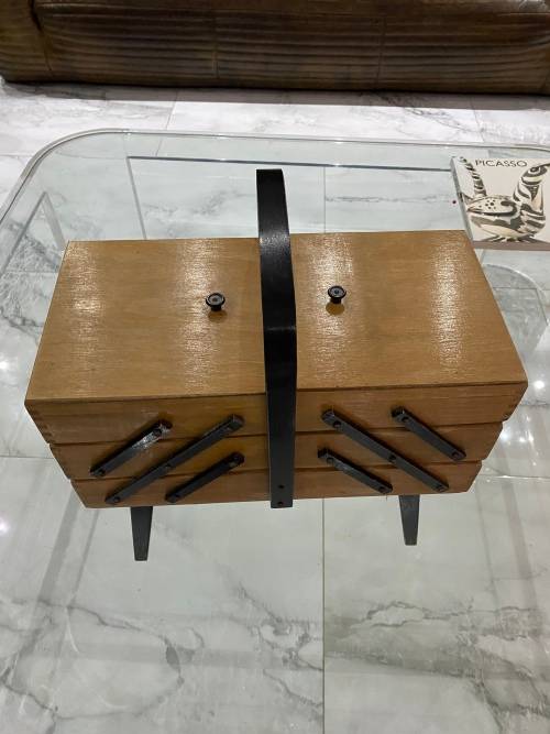 Vintage Sewing Box Wood 3 Tier Accordion w/ Legs Poland Dovetailed Basket Rare!!