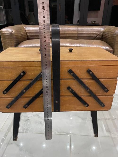 Vintage Sewing Box Wood 3 Tier Accordion w/ Legs Poland Dovetailed Basket Rare!!