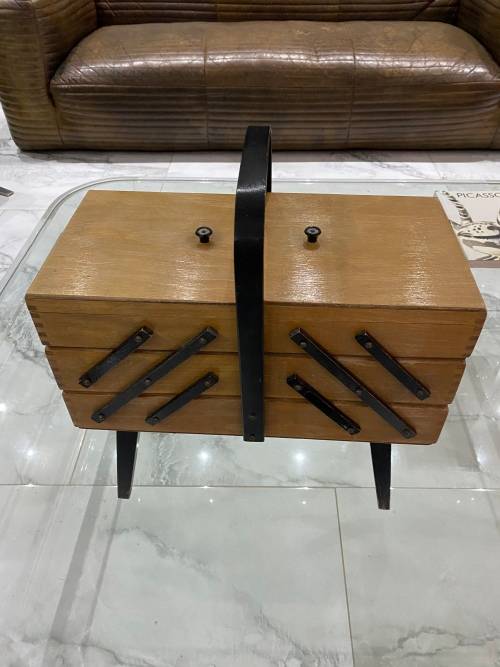 Vintage Sewing Box Wood 3 Tier Accordion w/ Legs Poland Dovetailed Basket Rare!!