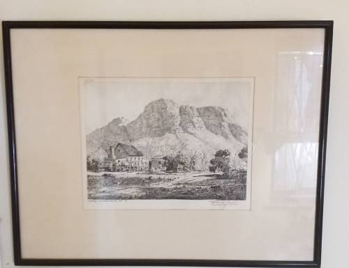 Tinus de Jongh ecthing - Kirstenbosch Cottage
