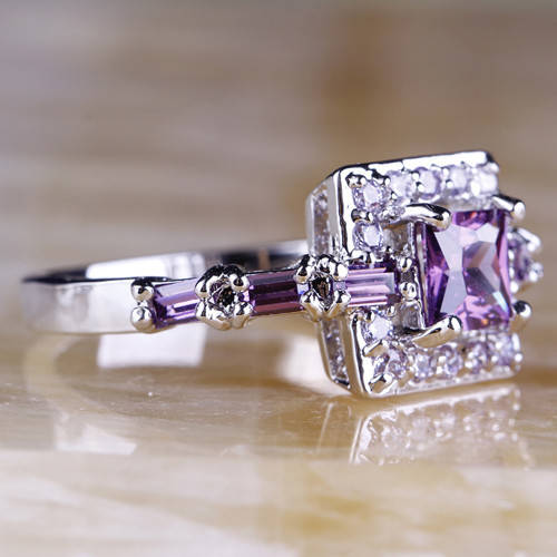 Breathtaking Beautiful ..!!!Stimulated Amethyst & White Topaz Ring Silver & 18K White Gold Plate,