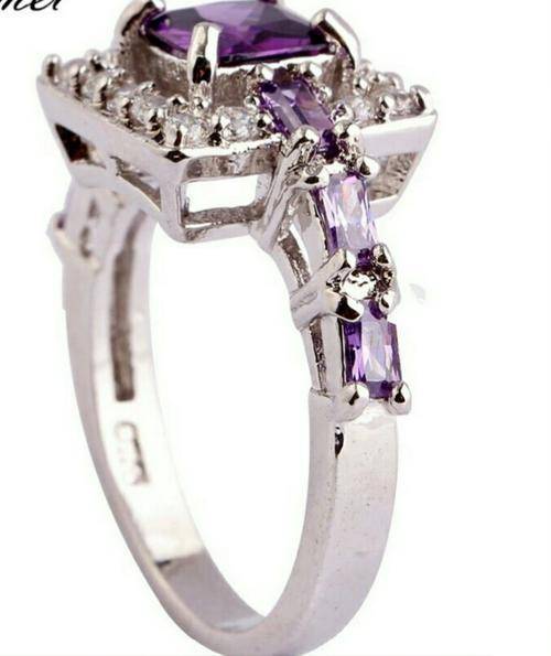 Breathtaking Beautiful ..!!!Stimulated Amethyst & White Topaz Ring Silver & 18K White Gold Plate,