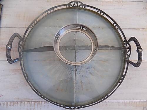 Silver Plated and Decorative Glass Snack Tray with Dip Bowl on Top