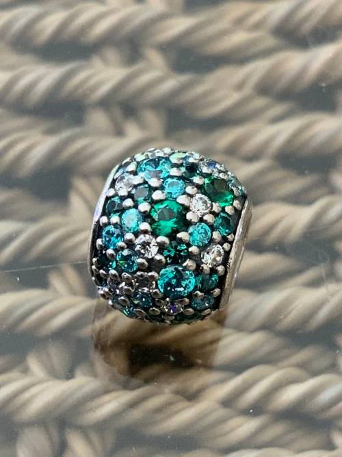 Pave Silver Charm with Mixed Shades of Green Cubic Zirconia and Green Crystal