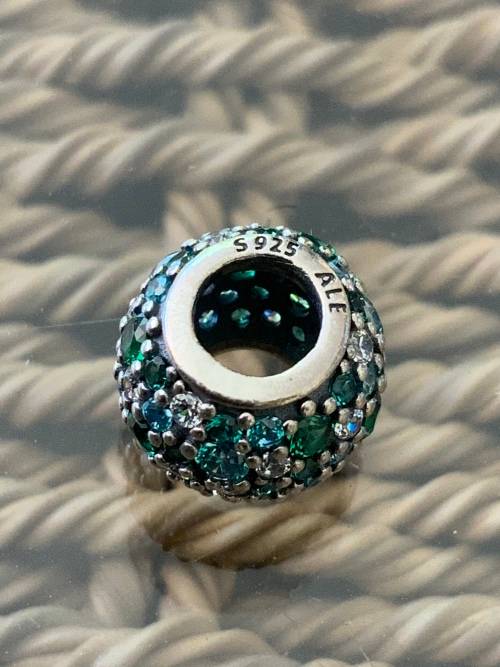 Pave Silver Charm with Mixed Shades of Green Cubic Zirconia and Green Crystal