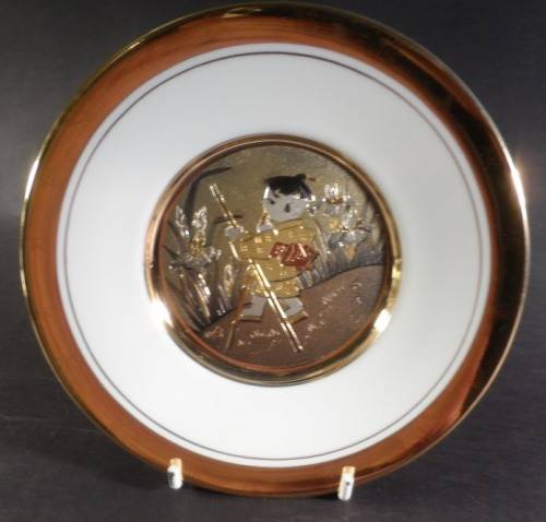 CHOKIN FINE WHITE PORCELAIN JAPANESE PLATE  " BOY'S DOLL DAY FESTIVAL "