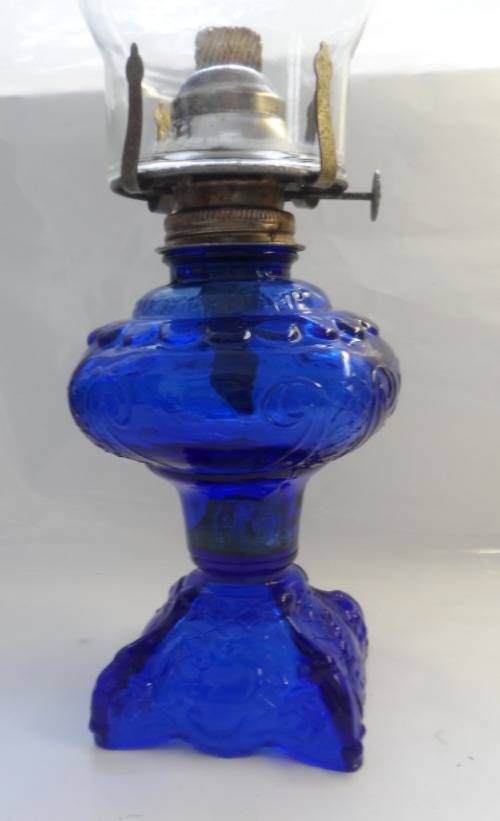 COBALT BLUE MOULDED GLASS PARAFFIN LAMP