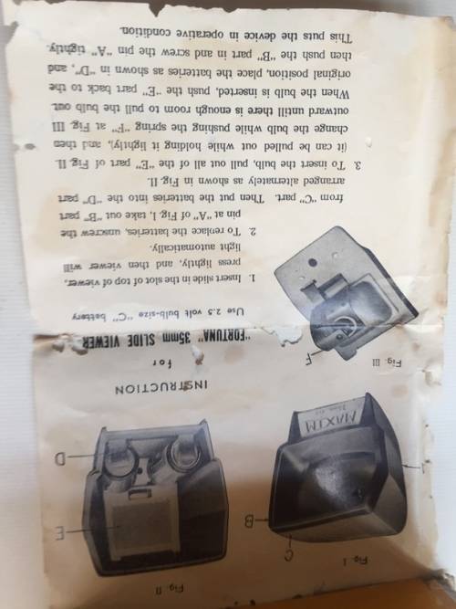 FORTUNA VIEWER   VINTAGE  2` X 2 ` SLIDE VIEWER IN ORIGINAL BOX , WITH  INSTRUCTION LEAFLET
