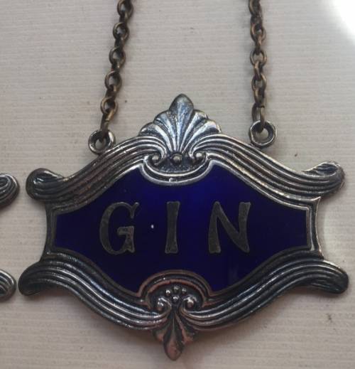 VINTAGE WHISKY, BRANDY and GIN DECANTER , ENAMELED BRASS NECK TAGS