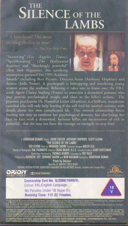 VHS CASSETTE : ` THE SILENCE OF THE  LAMBS ` JODIE FOSTER, ANTHONY HOPKINS ,SCOTT GLEN