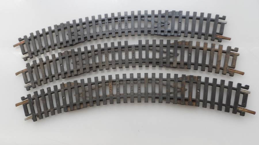 HO RAIL TRACKs , LIMA ITALY , 3 X RE-RAILERS 210 mm /  8 1/4 ins  , R360 , < 36 deg.