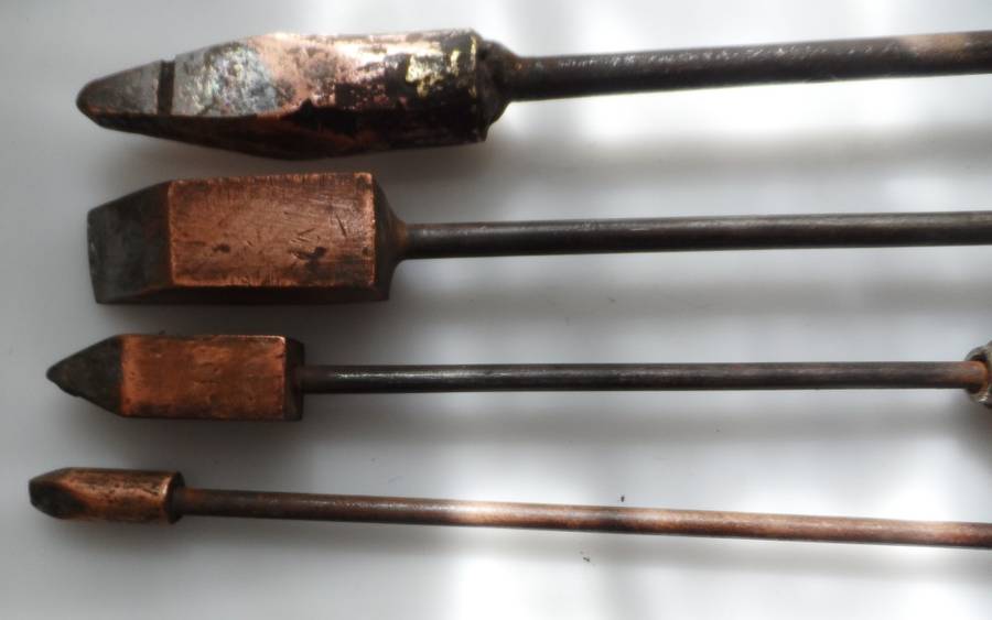VINTAGE 1940,s , SET OF FOUR SOLID COPPER SOLDERING IRONS