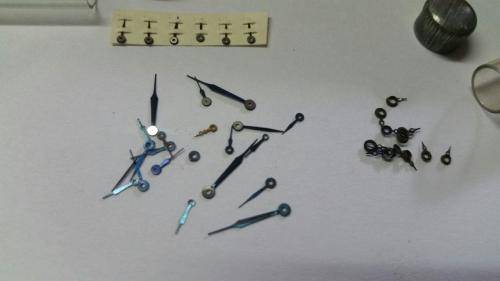 antique Watch parts / spares / Box with different small hands /Watchmaker Treasures 27 tubes