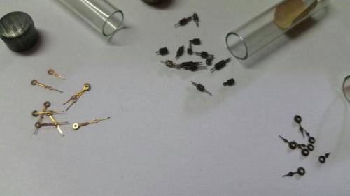 antique Watch parts / spares / Box with different small hands /Watchmaker Treasures 27 tubes