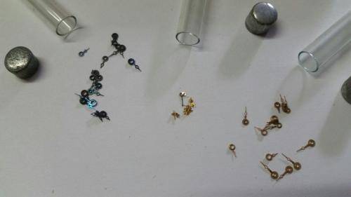 antique Watch parts / spares / Box with different small hands /Watchmaker Treasures 27 tubes
