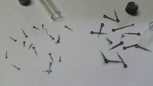 antique Watch parts / spares / Box with different small hands /Watchmaker Treasures 27 tubes