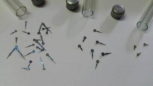 antique Watch parts / spares / Box with different small hands /Watchmaker Treasures 27 tubes
