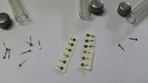 antique Watch parts / spares / Box with different small hands /Watchmaker Treasures 27 tubes