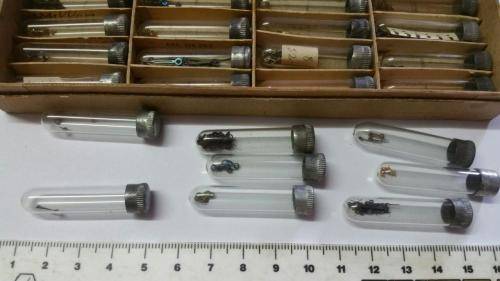 antique Watch parts / spares / Box with different small hands /Watchmaker Treasures 27 tubes