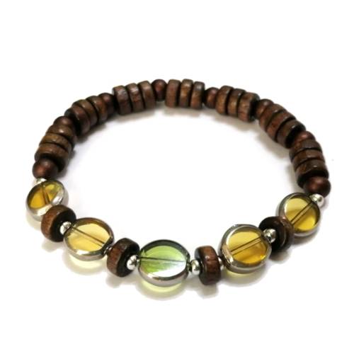 Bracelet,  Wood - Glass Bracelet with strech elastic ( fits for any size )