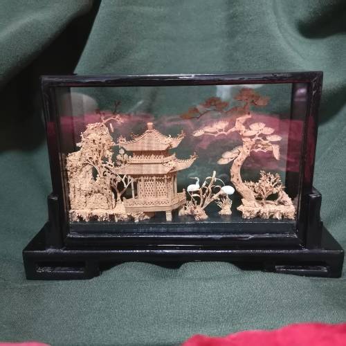 Vintage Intricate Carved Cork Art, Chinese