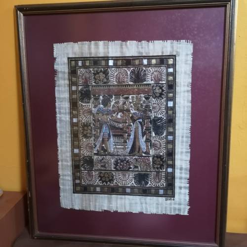 Vintage EGYPTIAN PAINTING ON PAPYRUS- King Tut Wedding Framed. Signed Mtiya. Framed