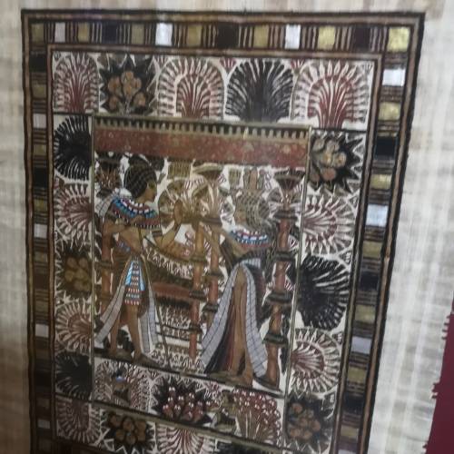 Vintage EGYPTIAN PAINTING ON PAPYRUS- King Tut Wedding Framed. Signed Mtiya. Framed