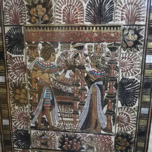 Vintage EGYPTIAN PAINTING ON PAPYRUS- King Tut Wedding Framed. Signed Mtiya. Framed