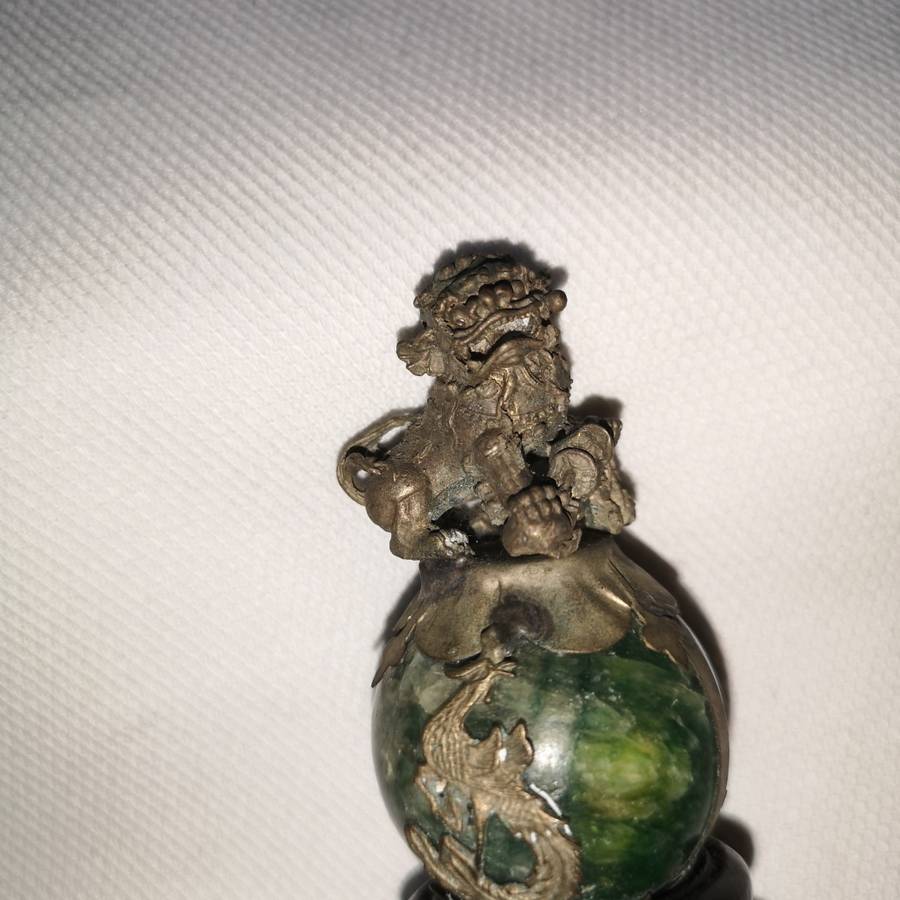 Pair of Chinese/ Tibetan Genuine Natural Green Jade HandCarved Tibetan Silver Lion Statues (2pcs)