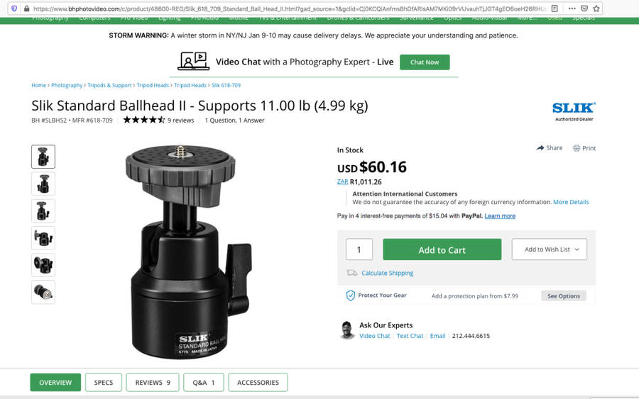 SLIK Variable Ball Head. Professional. SLIK 5774 Supports up to 5kg. See B&H for Specs