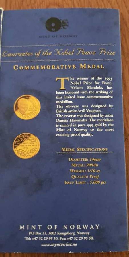 Nelson Mandela NOBEL PEACE LAUREATE 1993 COMMEMORATIVE MEDAL on Auction Now!!!