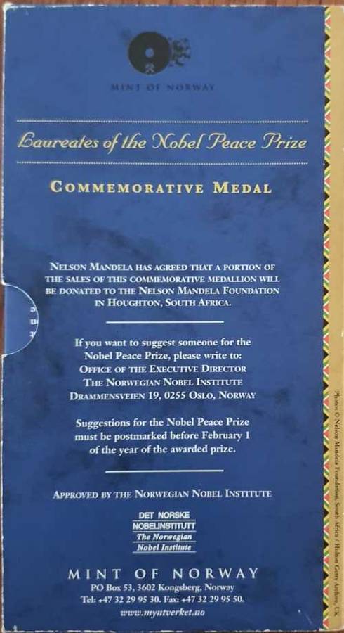 Nelson Mandela NOBEL PEACE LAUREATE 1993 COMMEMORATIVE MEDAL on Auction Now!!!