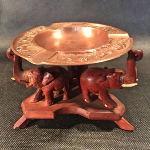 ONE OF A KIND - Vintage Copper Krugerpark Ashtray on Rosewood Elephants Stand!!!