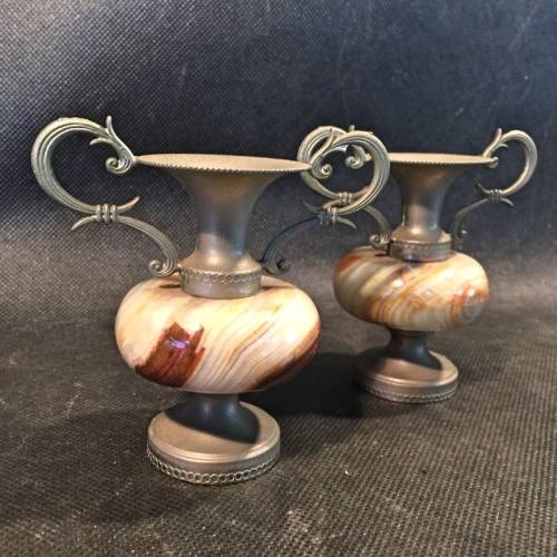 Two Small Alabaster and Silver-plate Vases (Bid for Both)