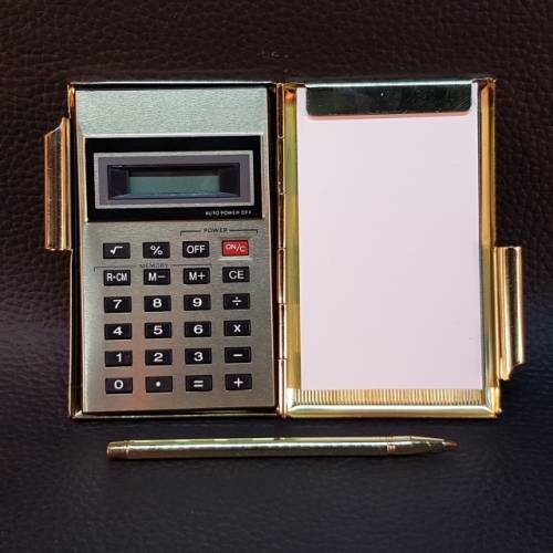 Pocket Size Brass Notepad, Pen and Calculator
