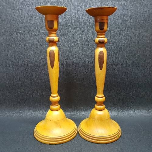 Two Large Hand Crafted Yellow Wood Candle Stands