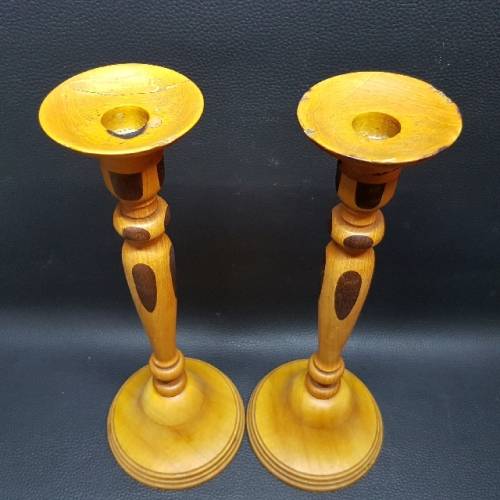 Two Large Hand Crafted Yellow Wood Candle Stands